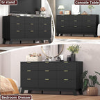 Fluted Black Dresser for Bedroom,9 Drawer Dresser for Closet,57" Wide Storage Cabinet and Chest of Drawers with Gold Handle,TV Stand,Storage Organizer for Living Room,Hallway,Entryway