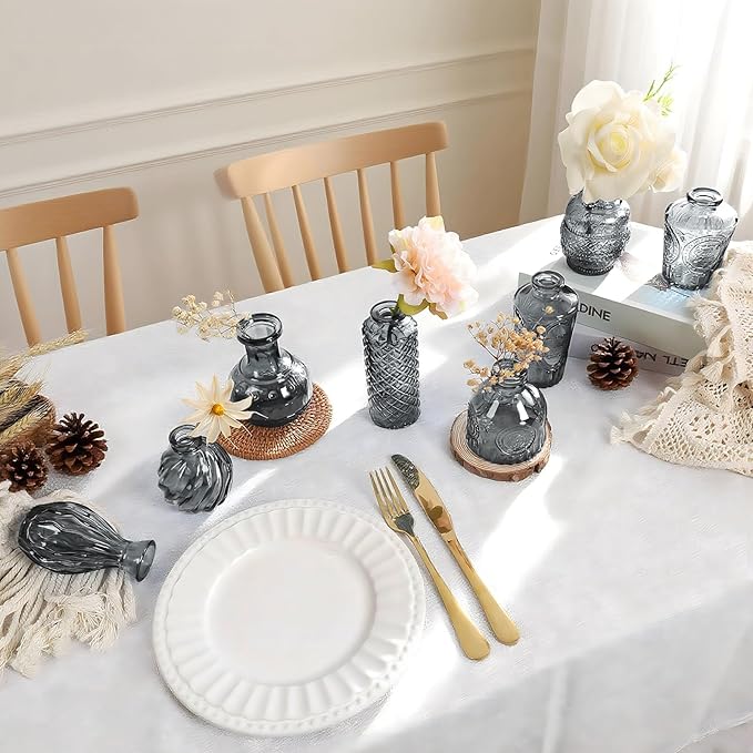 Grey Bud Vases in Bulk 24, Embossed Glass Small Vases for Flowers, Vintage Mini Flower Vase for Centerpieces, Wedding Decoration, Party, Baby Shower, Birthday, Home Decor, Living Room, Office