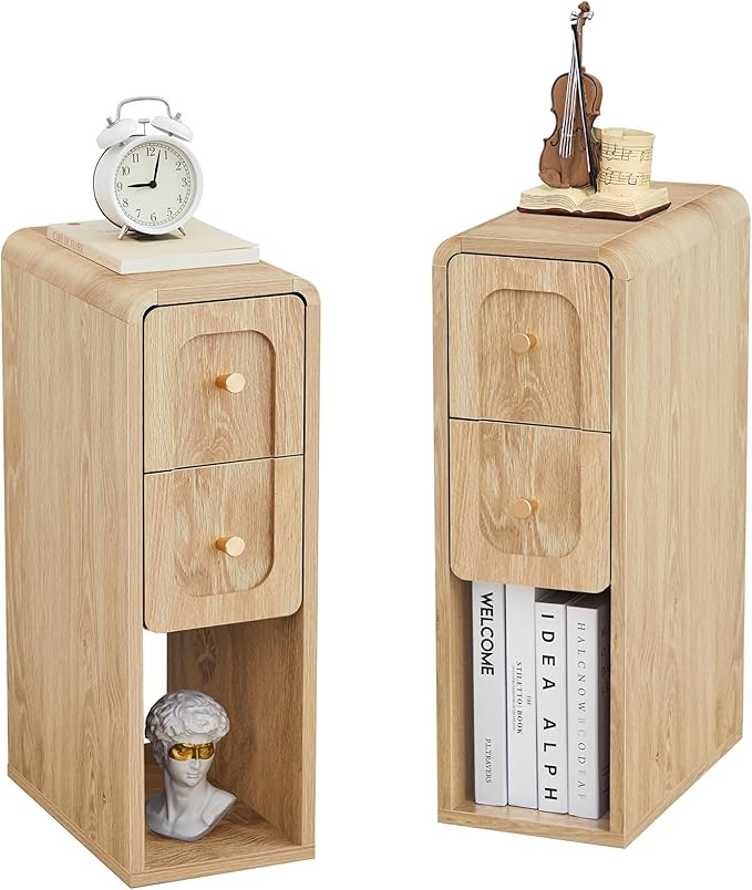 Small Nightstand Set of 2, Wooden Narrow Nightstands with 2 Drawers, Vintage Side End Table for Small Spaces, Skinny Night Stand, Bedside Table for Bedroom, Living Room (Natural-2PCS)