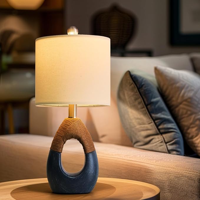 OYEARS 19" Boho Lamp for Bedroom, Bedside for Nightstands, Table Lamp for Living Room,Suitable for Small Space,Coastal Farmhouse, End Table, Rattan Nautical Beach Style, Blue,1 Pack