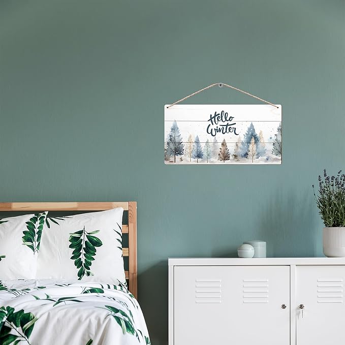 DUXMNAMG Hello Winter Welcome Hanging Wooden Signs 12x6, Pine Tree Decor, Winter Door Decorations, Winter Door Sign, Rustic Winter Christmas Snowflakes Trees Home Room Office Hanging Wall Decor