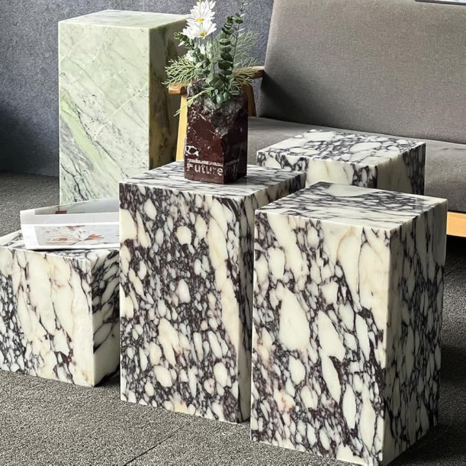 Luxury Marble Side Table,Square End Table for Modern Sofa and Bed, Living Room, Sofa, Bedroom（Calacatta Viola）