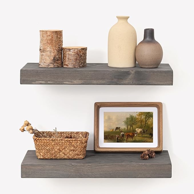 Marsmiles Floating Shelves for Wall - Small Wood Floating Shelves Set of 2-16 Inch Wide x 7.7 Inch Deep x 1.6 Inch Thick Rustic Grey Wooden Shelves for Room Wall