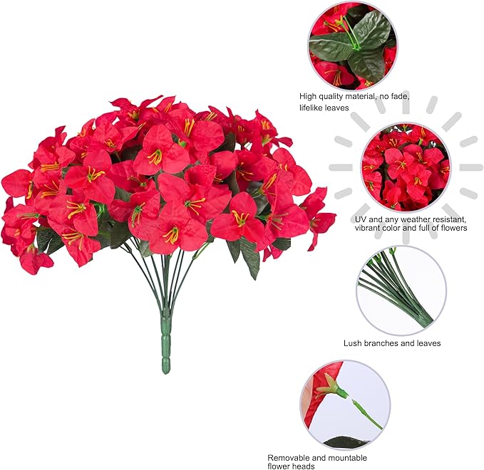 Ivydale Artificial Bougainvillea Flowers for Outdoors Decoration, 4 Bundles Fake Flower UV Resistant Realistic Silk Flowers for Outside, Faux Plants for Planter Patio Porch Home Decor (Red)