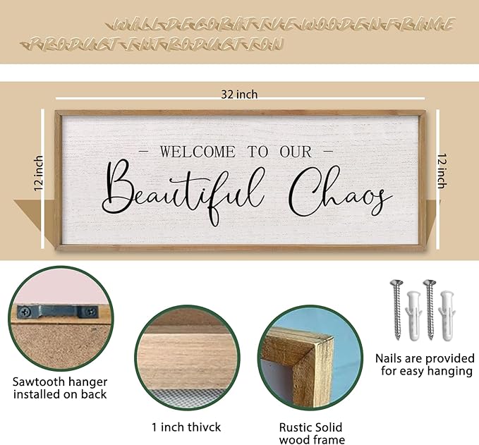 comurdyo Welcome To Our Beautiful Chaos Wall Decor Art 32"X12" for Home Entryway Sign Large Wood Framed Wall Hanging (Wood)