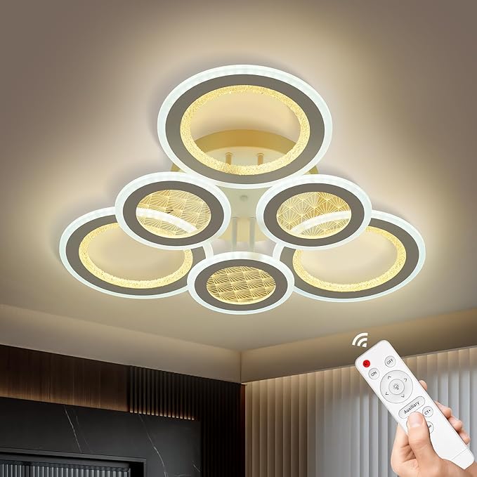 Modern LED Ceiling Light,Dimmable 3000K-6500K 3 Colors Flush Mount Ceiling Lights Fixtures 6 Rings 139W Remote LED Ceiling Lighting for Living Room,Dining Room,Kitchen,Bedroom,Office