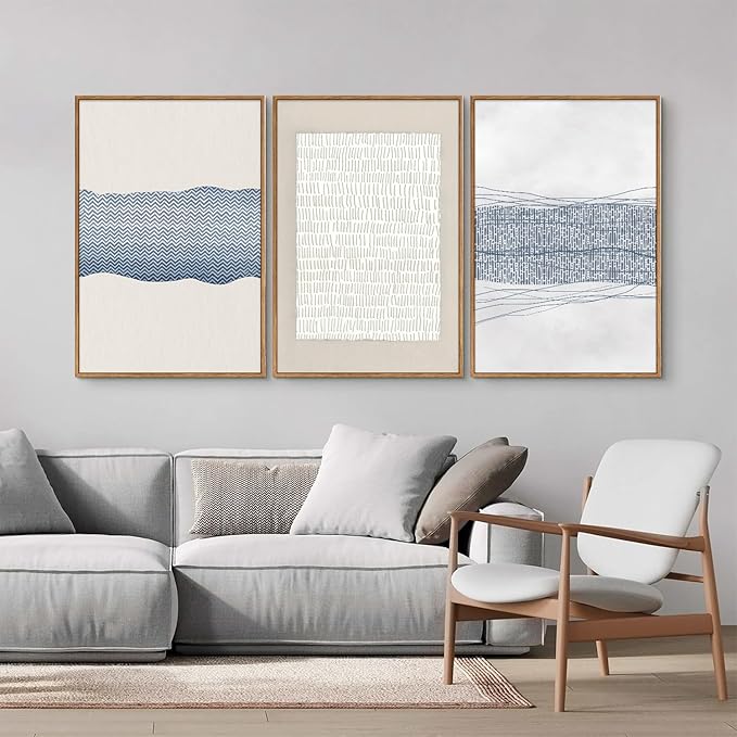 SIGNINART Large Abstract Framed Canvas Wall Art Set of 3, Minimalist Boho Line Art Prints, Modern Neutral Aesthetic Wall Decor, Blue and White Art Paintings for Living Room, Bedroom, Office 16"x24"