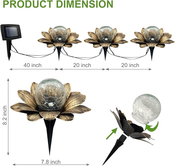 LEWIS&WAYNE Solar Garden Lights Outdoor, 3 Pcs Coppery Lotus Flower Pathway Lamps with Cool White Crackle Glass Globe Led Lights for Patio Pathway Yard Balcony Garden Decorations