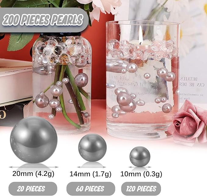 200 PCS Silver Vase Fillers, Pearls Bead for Centerpieces Vases, 10/14/20 MM No Hole Beads, Fake Pearls for Wedding Birthday Anniversary Theme Party Table Centerpieces Decor