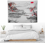 Cherry Blossoms Tapestry,Japanese Red Landscape Watercolor Abstract Art Tapestry,Asian Japanese Wall Tapestry, Nature Landscape Tapestries for Bedroom Living Room Decor 80"x60"