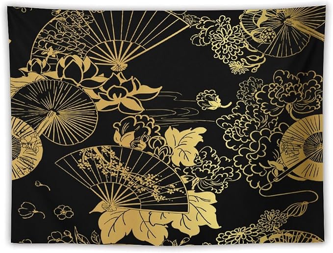 HZOHNAGO Japanese Tapestry Gold Flowers Umbrella Fan Pattern Printed Wall Tapestry Painting Wall Hanging for Bedroom Living Room Dorm 80" W x 60" H
