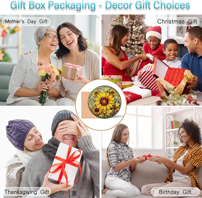 Sunflower Suncatcher Stained Glass Window Hanging Ornaments - 8” Handmade Sun Catchers Indoor Window Outdoor Garden Decor - Wall Art Sun Flower Glass Panel with Hooks - Sunflower Gifts for Women Mom