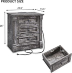 26" Tall Nightstand with Charging Station, Farmhouse 23.6" Wide Large End Table w/Roman Column, Wood Rustic Side Table w/Metal Handle, 3 Drawers Dresser for Bedroom, Living Room, Light Grey