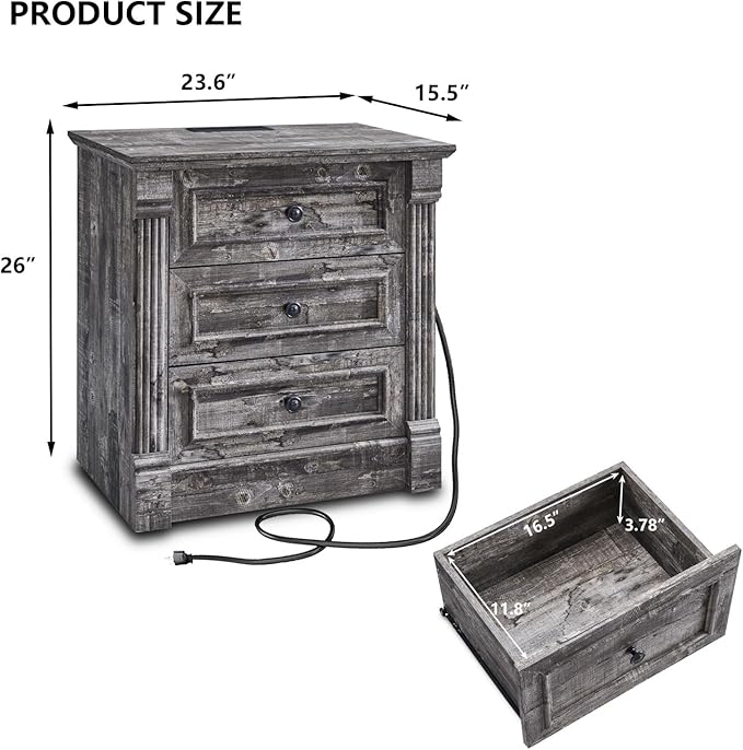 26" Tall Nightstand with Charging Station, Farmhouse 23.6" Wide Large End Table w/Roman Column, Wood Rustic Side Table w/Metal Handle, 3 Drawers Dresser for Bedroom, Living Room, Light Grey