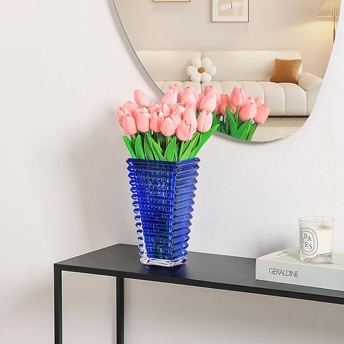 MCMCNCUIU Crystal Vase, Large Crystal Vases for Flowers, Blue Large Flower Vase, Modern Glass Vases for Living Room, Bedroom, Kitchen, Dining Table, Mantle, Wedding, 9 Inches