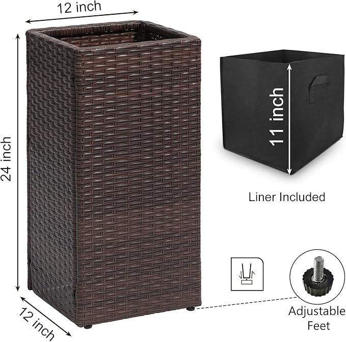 SUNNYPARK 2 Pack Tall Planters for Outdoor Plants Rattan Modern Tall Square Planter Box with Removable Liners Indoor Outdoor Porch Patio Flower Pot (12’’ x 12’’ x 24’’)