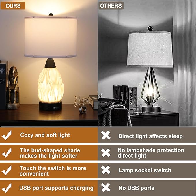 Serteaw 22''Touch Control Table Lamps Set of 2,Stepless Dimmable Bedside Lamps with USB Charging Ports, Black and Cream Living Room End Nightstand Table Lamps with Linen Lampshade, LED Bulbs Included