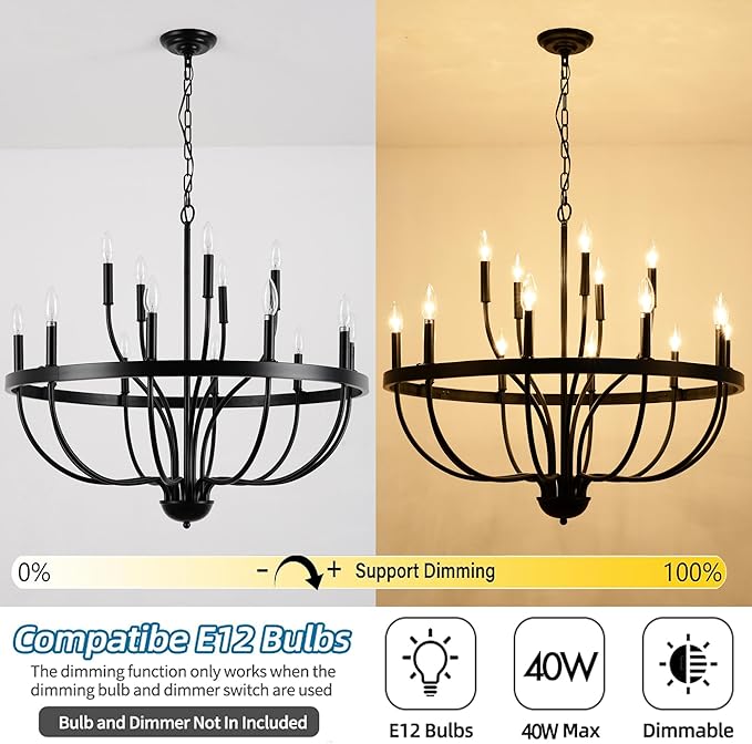 Black Chandelier 15-Light Industrial Iron Candle Chandelier Modern Suspended Farmhouse Chandeliers Pendant Light Fixtures for Dining Room Bedroom Living Room Kitchen Island Foyer E12 Bulb