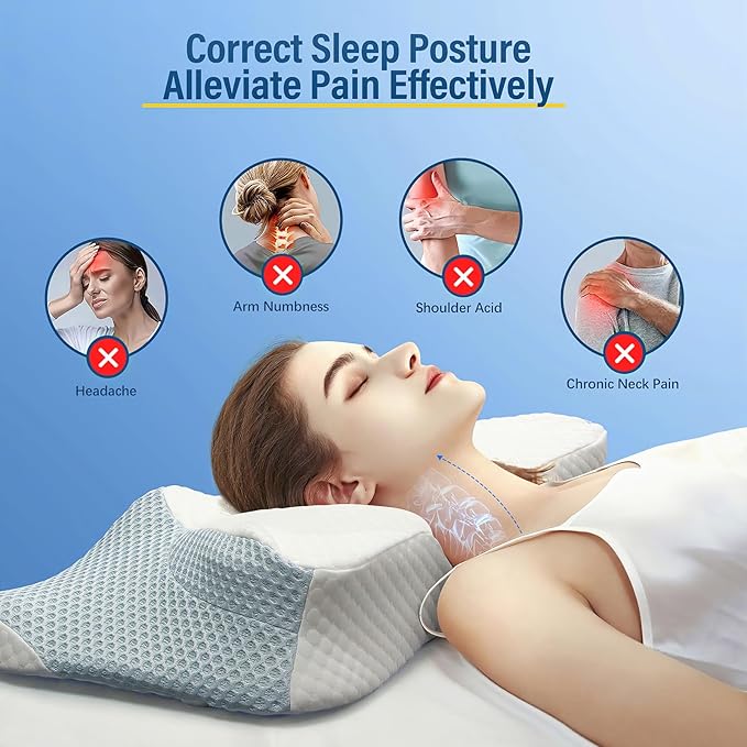 Aone Cervical Pillow for Neck and Shoulder Pain Relife, Memory Foam Neck Pillow with Breathable Pillowcase for Side Back Sleeping, Stomach Sleepers, Queen Size 25.5x14x5.9 Inches