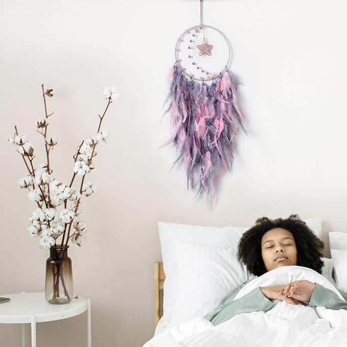 Dreamlike Moon Dream Catchers Wall Decor Crescent Dream Catcher with Crystal Stone Star Shaped Tree of Life Pendant Handmade Pink Feather Dreamcatchers Wall Hanging for Girls Bedroom Wedding Gift