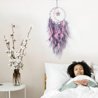 Dreamlike Moon Dream Catchers Wall Decor Crescent Dream Catcher with Crystal Stone Star Shaped Tree of Life Pendant Handmade Pink Feather Dreamcatchers Wall Hanging for Girls Bedroom Wedding Gift