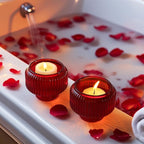 Kate Aspen Red Ribbed Taper Candle Holders for Candlesticks Set of 4, Candlestick Holders, Votive Candle Holder Decor, Red Kitchen Decor, Glass Candlestick Holder,Table Centerpieces, Holiday Accents