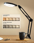 Magnifying Glass with Light, 10X & 5X Real Glass & Anti-Glare Lens, 5 Color Mode Stepless Dimmable LED Desk Magnifying Lamp, Hands-Free Desk Lamp with Clamp for Crafts Reading Repair Hobby (Blue)