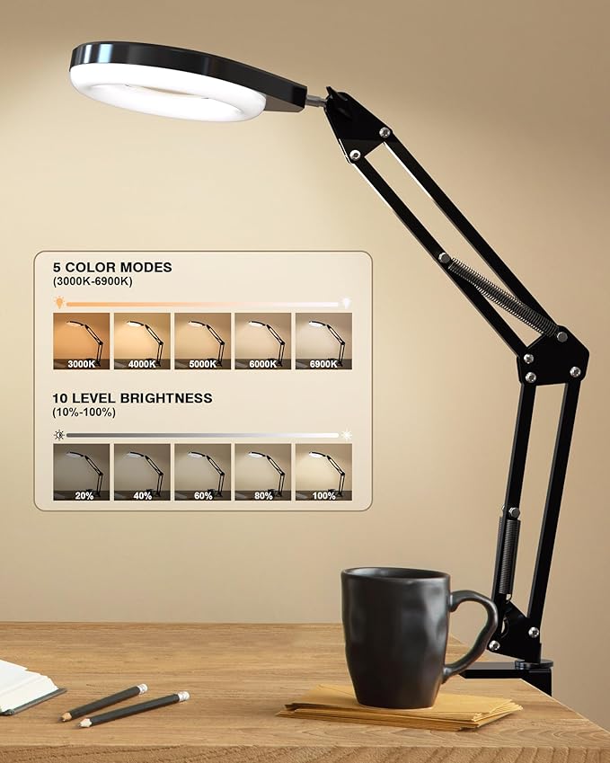 Magnifying Glass with Light, 10X & 5X Real Glass & Anti-Glare Lens, 5 Color Mode Stepless Dimmable LED Desk Magnifying Lamp, Hands-Free Desk Lamp with Clamp for Crafts Reading Repair Hobby (Blue)