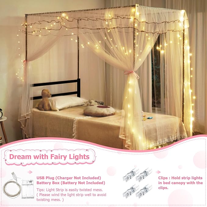 Twin Size Bed Canopy with Lights, Bed Canopy for Girls Princess with Luminous Stars, Canopy Bed Curtains for Twin Bed Kids Indoor Decor Bedroom, 4 Corner Post Bunk Bed for Student Dormitory, White