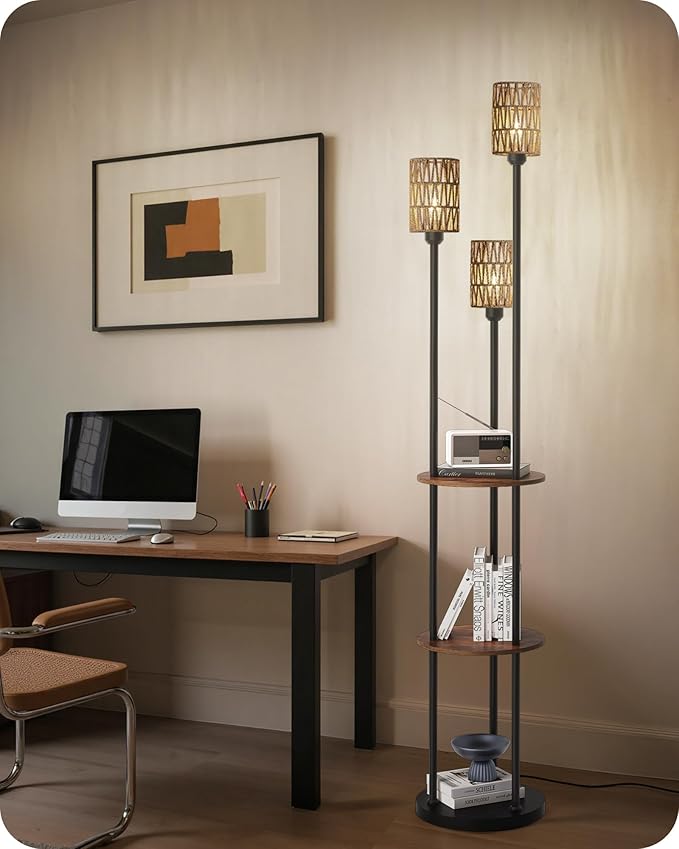 Floor Lamp with Shelves, Boho Floor Lamp with Foot Switch, 3-Light Standing Lamp, for Living Room, Bedroom, Study, Rustic Brown and Yellow YF53LD05 ﻿