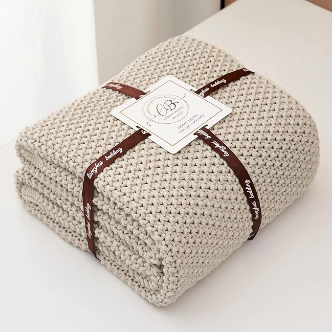 Longhui bedding Chunky Cable Knit Throw Blanket Lightweight Beige 100% Organic Cotton Blanket for Sofa Couch Bed Baby Nursery, Rustic Shabby Chic Modern Farmhouse, 51” x 63” Give Laundering Bag