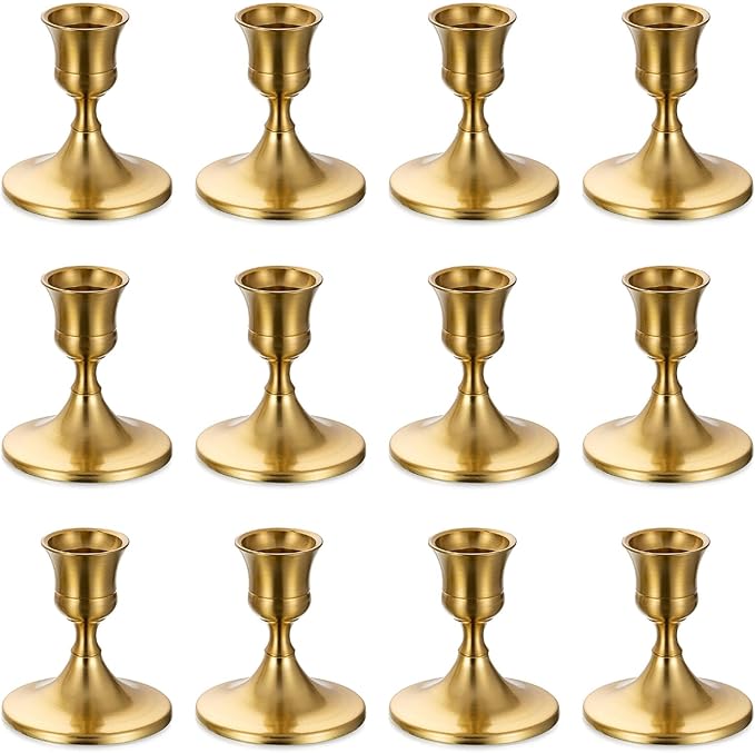 Sziqiqi Candlestick Holders Taper Candle Holders - Gold Candle Stick Candle Holder Bulk Decorative Table Centerpiece for Wedding Reception Christmas Dinner Bridal Showers Party Decor Pack of 12