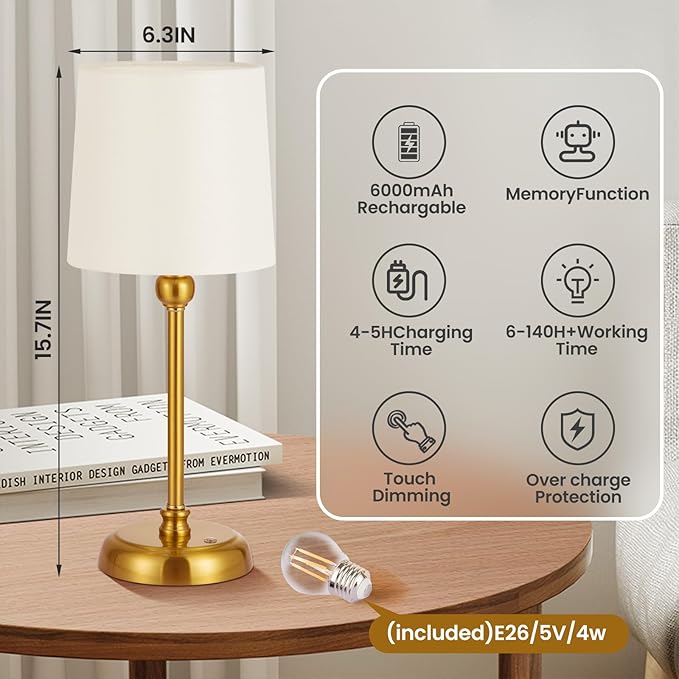 Cordless Small Table Lamp,6000mAh Rechargeable Battery Powered,LED Touch Control Dimmable Bedside Operated Night Table Top,Light for Bedroom/Home/Restaurant/Entryway/Dining/Living Room/Cafe(Gold-High)