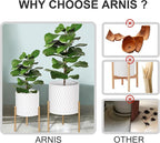 ARNIS Plants Pots with Stand, Set of 2 P lanters, Unique Mid Century Decorative Metal Flower Pots with Drainage, 8.25 & 10.5 Inch, White and Gold