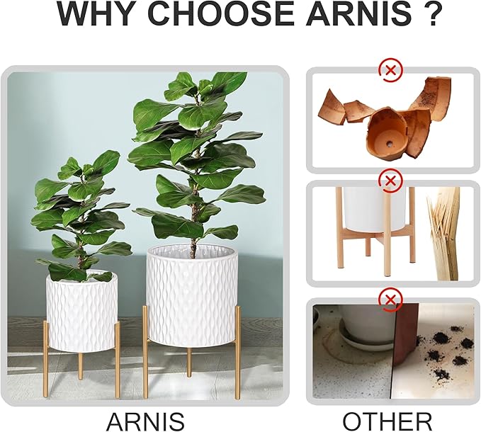 ARNIS Plants Pots with Stand, Set of 2 P lanters, Unique Mid Century Decorative Metal Flower Pots with Drainage, 8.25 & 10.5 Inch, White and Gold