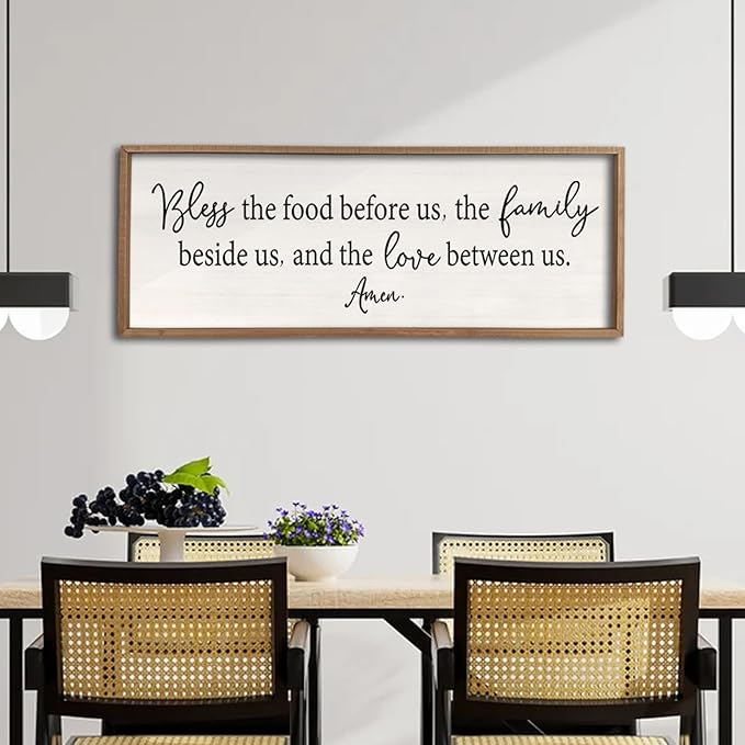 Bless the Food Before Us Sign Wall Decor 40"X15" Large Farmhouse Dining Room Wall Decor Framed Wood Rustic Home Wall Art Kitchen Hanging Decoration (Wood White)
