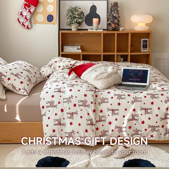 Christmas Comforter Set King Size, Christmas Bed Set with Reindeer Stars Red Bedding Set for Holiday, 3 Pieces 1 Super Soft Comforter and 2 Pillowcase