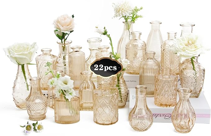 22 Pack Bud Vase in Bulk - BEAHOT Gold Flower Vases for Wedding Decorations, Glass Vase for Table Decorations, Small Vase for Home, Mother's Day, Centerpieces, Party, Office (Gold)