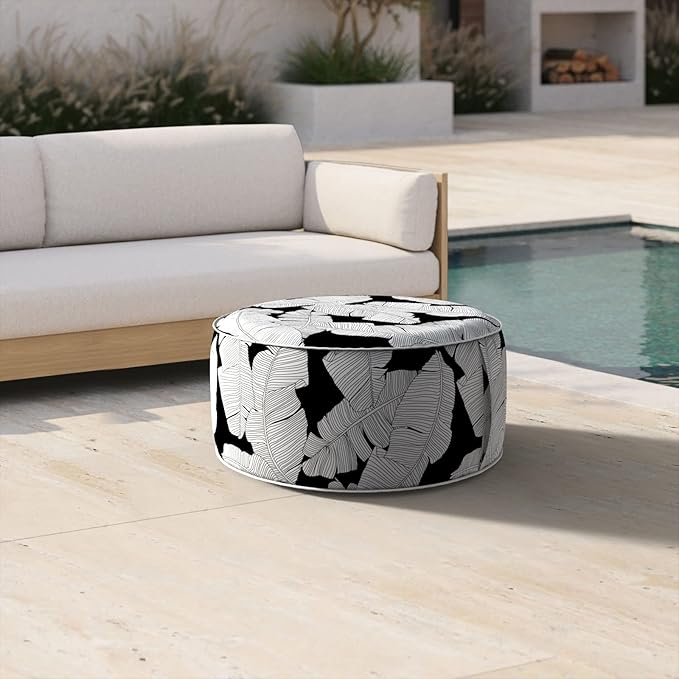Inflatable Ottoman Stool D21 xH9 for Outdoor/Indoor Use, Water Repellent Patio Foot Rest Stool with Portable Handle,Round Pouf Ottoman Suitable for Garden,Deck and Camping - Black Leaves