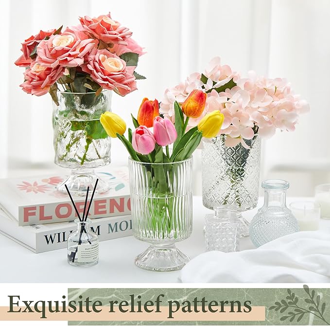 6 Pcs (H:7" W:4") Embossed Flower Vase Fall Pedestal Glass Vase Big Base Thickened Crystal Vintage Vases for Autumn Wedding Home Decor Table Centerpiece House Warming Gifts(Clear)