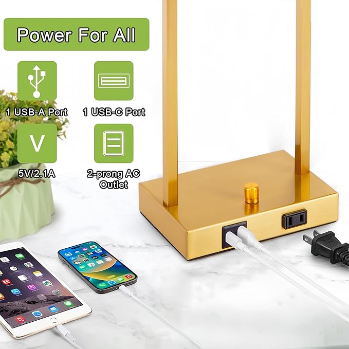 16" Set of 2 Gold Industrial Table Lamps with USB A+C Charging Ports and AC Outlet, Fully Stepless Dimmable Bedside Lamps with Seeded Glass Shade for Bedroom Living Room Office, LED Bulbs Included