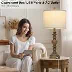 27" Vintage Table Lamps Set of 2, Farmhouse Resin Bedside Lamp with USB C+A Ports & AC Outlet, 3-Way Dimmable Touch Control Lamps for Living Room Bedroom Nightstand Antique Brown Washed Wooden Finish