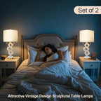 Scenekoy Sculptural Table Lamp Set of 2 for Bedroom, 26” Farmhouse Bedside Lamps for Living Room, Rustic Linen Shade Night Stand Lamp Marble Base with USB Ports for Home Decor (E26 Bulbs Included)