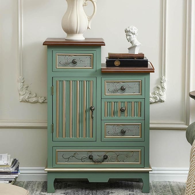 Vintage Accent Chest with 5-Drawers and Door Carved Wood Storage Cabinet Modern Dresser for Living Room, Entryway, Hallway, Sage Green