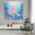 HZOHNAGO Mermaid Girls Tapestry Watercolor Mermaid Princess Pattern Printed Wall Tapestry Wall Hanging for Bedroom Living Room Dorm 60" W x 60" H