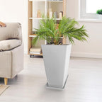 Tall Planters Set Of 2 for Outdoor Indoor Plants,21.3in Large Tapered Plant Pots with Drainage Trays Holes,White Resin Extra-Thick Flower Pots for Outdoor Patio Front Porch Backyard Decor