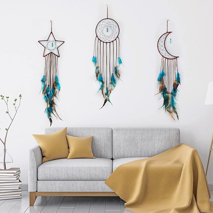 Jetec 3 Pcs Dream Catcher Moon Sun Star Design Handmade Traditional Craft Ornament Wall Hanging Home Decoration Bedroom Wedding Halloween Christmas Decorations(Dark Blue)