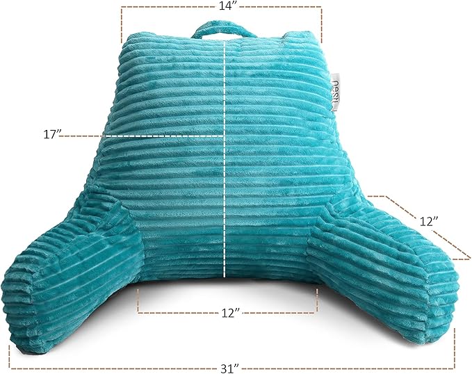 Nestl Reading Pillow with Portable Lap Desk Stand for Laptop 22x14”, Cut Plush Striped Back Pillow, Back Support Pillow, Shredded Memory Foam Bed Rest Pillow with Arms for Kids & Teens, Medium - Teal