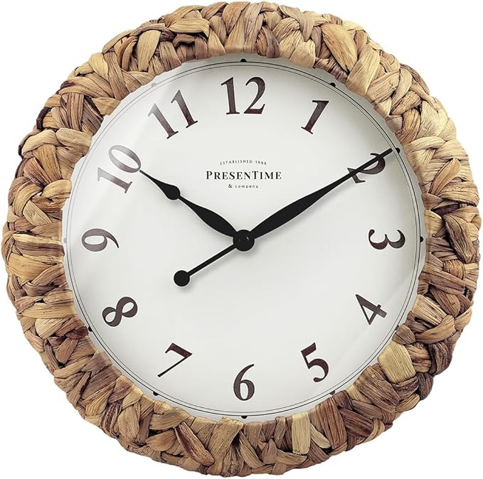 Presentime & Co. Farmhouse Series, Rustic Woven Clock, 14 inch, Natural Woven Water Hyacinth/Sea Grass. Wall Sculpture, Wall Art and Timepiece for Home Decoration/Decoration/Farmhouse Décor