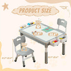 Multi Functional Kids Table and 2 Chairs Set, Graffiti & Building Blocks Double-Sided Tabletop, Toddler Play Table with Drawers, Large Storage Space, Gift for Boys/Girls, Gray
